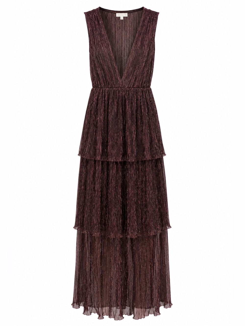 Socialite Metallic Plum Tiered V‑Neck Maxi Dress